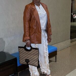 Brown Leather Blazer with Fringe Pants